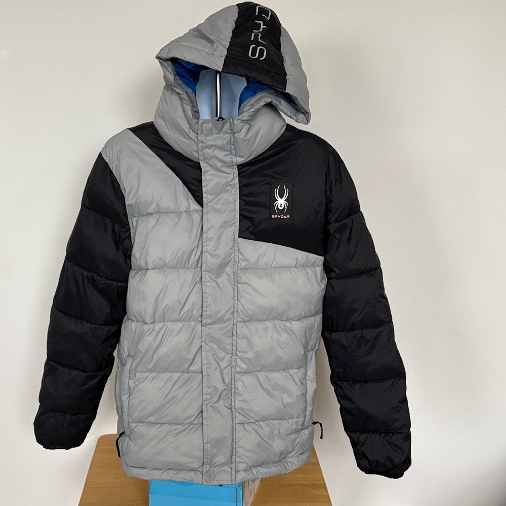 Spyder Silver and Black Hooded Puffer Jacket Size 16